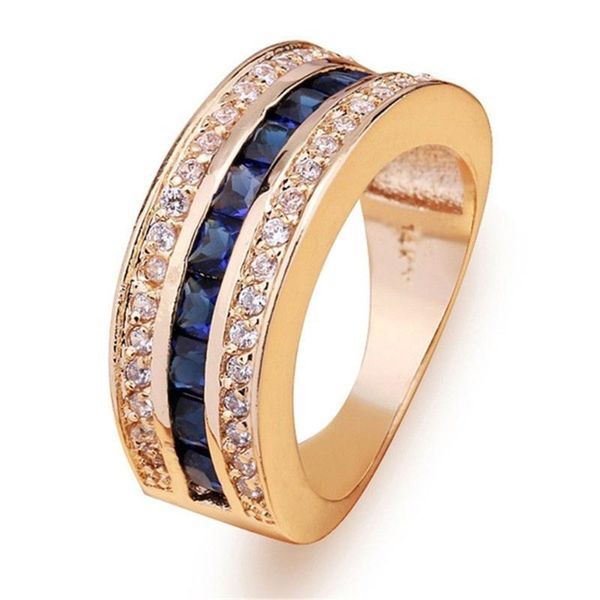 Anillos de racimo, piedras preciosas de zafiro de cristal azul, diamantes de circón para hombres y mujeres, joyería Bague de Color dorado, bisutería, accesorio de fiesta, regalo