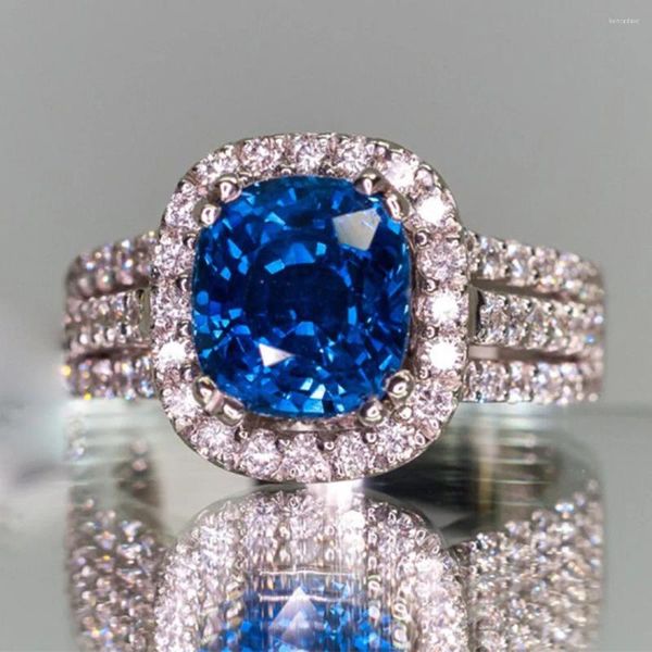 Anillos de racimo Piedras preciosas azules Zafiro Topacio Cristal Zircon Diamantes Bling para mujeres Lujo Moda Alianzas de boda Tamaños de joyería 6 7 8 9 10