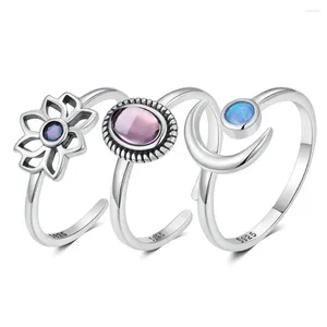 Cluster anneaux boako 925 Sterling Silver Blue Opal Purple Gemstone ouverte pour les femmes Color Lotus Moon en forme de doigt Fine bijoux