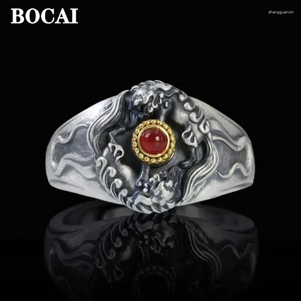 Cluster anneaux Bocai Original S925 Silver Jewelry Accessoires électroplités Vintage Snow Lion Rotation Personnalized Good Luck Men's Ring