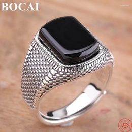 Cluster Ringen Bocai Echte S925 Sterling Zilveren Ring 2024 Zwarte Agaat Retro Patroon Pure Argentum Charm Sieraden Voor Mannen En Vrouwen