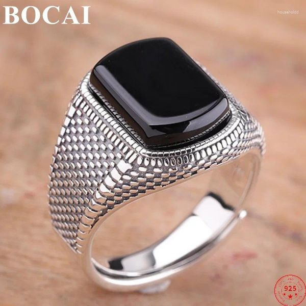 Bagues de cluster BOCAI Real S925 Bague en argent sterling 2024 Agate noire Modèle rétro Pure Argentum Charm Bijoux pour hommes et femmes