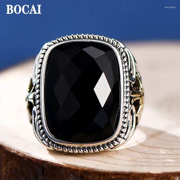 Anillos de clúster Bocai S925 Accesorios de joyas de plata Fashion Fashion Fashion amplio Black Agate Corte Surface Ling