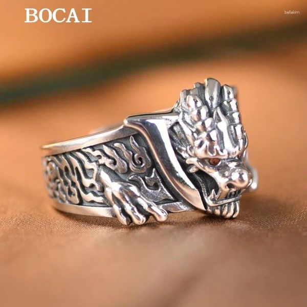 Cluster anneaux Bocai S925 Silver rétro personnalisé Ruiyi Flame Pattern tridimensionnel Dragon Open Ring Men's Gift's