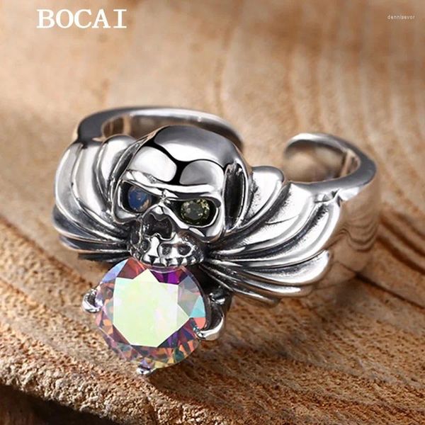 Cluster anneaux Bocai S925 Sterling Retro Retro Trendy personnalisé Skull Zircon Ring Gift for Men and Women