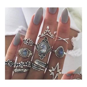 Cluster Ringe Bohemian Antik Silber Geometrisches Set für Frauen Retro Sternenstern Lotus Charm Midi Knuckle Fingerring Damen Boho Juwel Otzk1