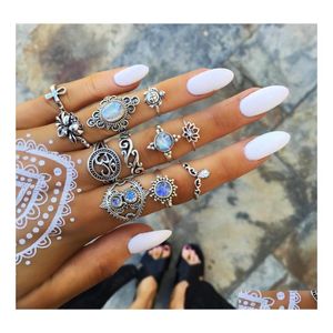 Bagues de cluster Bohemian Antique Sier Midi Finger Set pour femmes Crystal Diamond Turtle Cross Lotus Knuckle Bijoux de mode en BK Drop D Otzbq