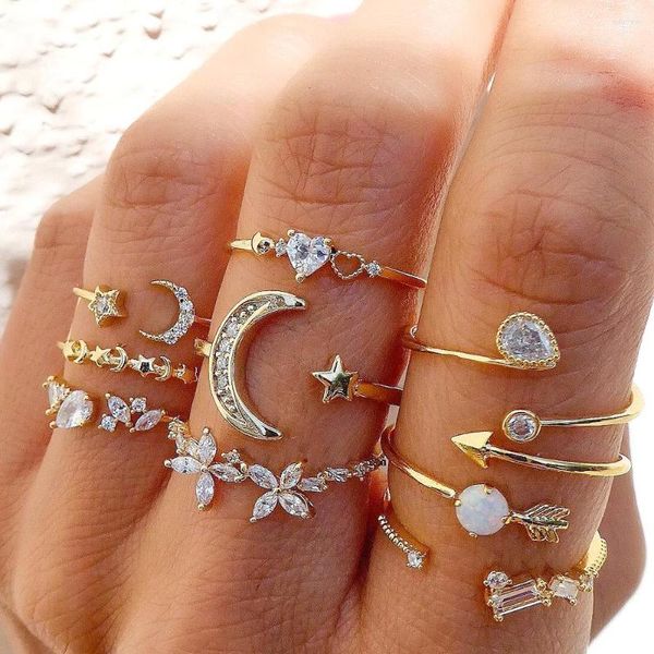 Anillos de racimo Bohemian Midi Knuckle Ring Set para mujeres Crystal Stars Moon Flower Love Crescent Geométrico Dedo Joyería Vintage