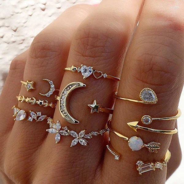 Bagues de cluster Bohemian Moon Star Zircon Knuckle Ring Set pour femmes Cristal Fleur Feuille Coeur Géométrique Doigt Amitié Bijoux Cadeaux