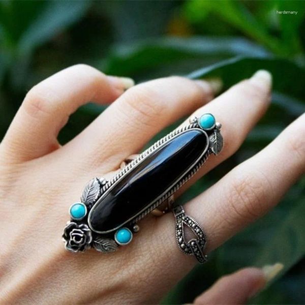 Bagues de cluster Boho Blue Black Stones Bague Argent Couleur Pour Femmes Déclaration Floral Party Bijoux