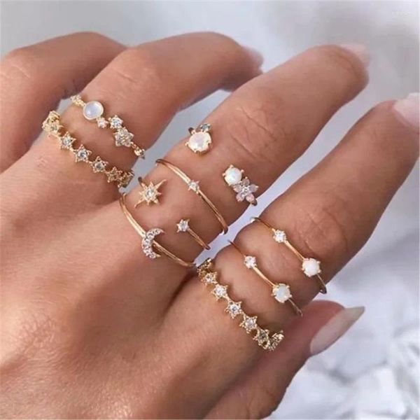 Anillos de racimo Boho Clásico Vintage Moda Color Oro Cristal Luna Estrellas Sol Flor Conjunto Anillo para Mujeres Personalidad de Moda Joyería de Fiesta