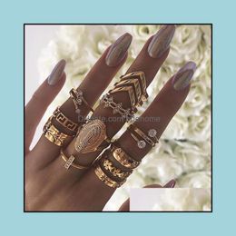 Anillos de racimo Conjunto de anillos de oro boho Articulación de nudillos Anillos de dedo tallados Accesorios de mano con estilo Joyas de aleación de metal para mujeres y Bdehome Dhje7