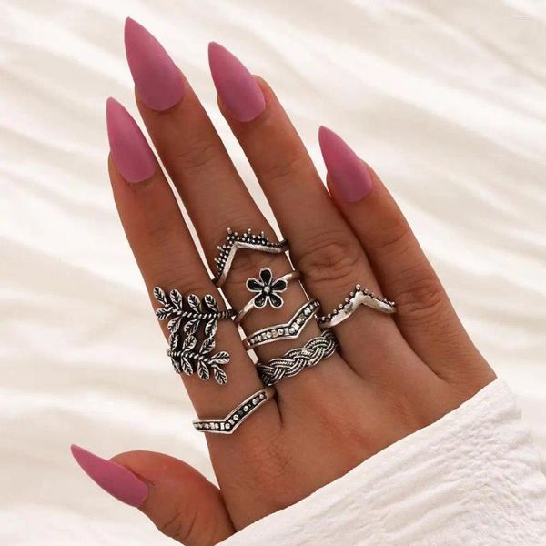 Anillos de racimo Boho Vintage Color Plata Flor Midi Moon Set para mujeres Weave Knuckle Joint Finger Ring 2024 Mujer Bohemia Joyería Regalo