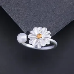 Bagues de cluster Botoho 925 Sterling Silver Fleur Naturel Perle Redimensionnable Bague Pour Femmes Double Couleur Chic Daisy Fine Bijoux Cadeau De Fête