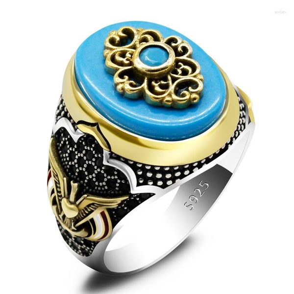 Cluster Rings Marque Authentique Sterling Silver Antique Turquoise Turquoise Ring Spinel Men's Colorful Punk Style