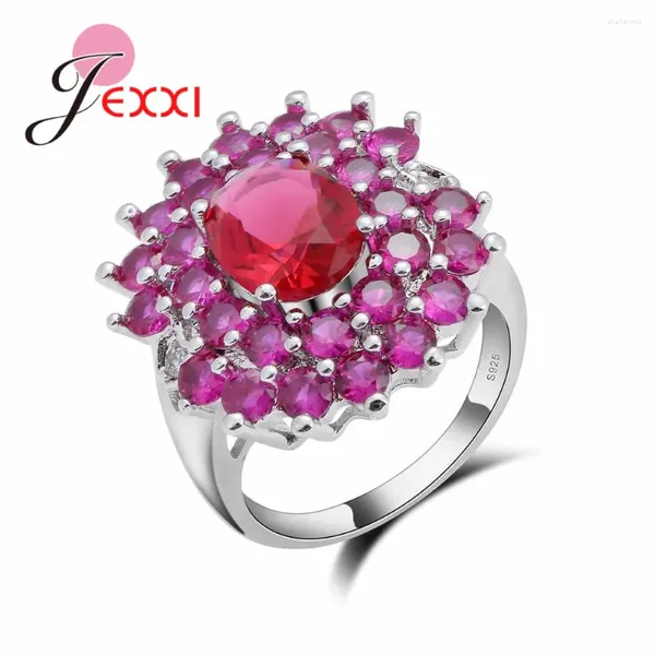 Bagues de cluster Collection de marque 925-Sterling-Silver Aiguille Femmes Zircon Cubique Bague CZ Fuchsia Cristal Bandes de Fiançailles Anel