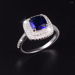 Anillos de racimo Marca Real Sólido 925 Joyería de boda de plata esterlina para mujeres 3CT Anillo de compromiso de zafiro azul Tamaño 5-10