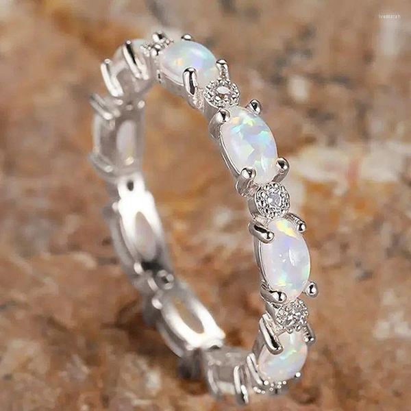 Anillos de racimo Novia Pequeño Anillo de piedra ovalado Blanco Fuego Ópalo Apilamiento para mujeres Plata Color Oro Lujo Zircon Amante Alianzas de boda Joyería