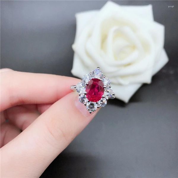 Bagues de cluster Brillant 2CT Forme Ovale Ruby Bague de Fiançailles Véritable Or Blanc 14K Femmes Anniversaire Bijoux Amour Promesse Cadeau pour Lady