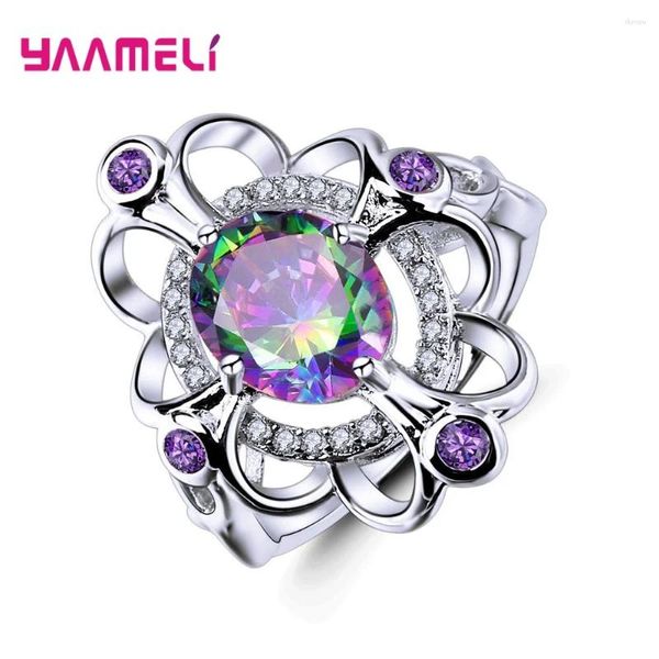 Cluster anneaux Brilliant Opal Rainbow Cubic Zirconia Anneau pour femmes Girl Mariage Engagement Creative 925 STERLING Silver Gorgeous