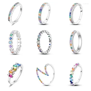 Clusterringen Briljante Regenboogring Voor Vrouwen 925 Zilver Origineel Pave CZ Kleurrijk Eenvoudig Rond Maat 6-9 Vinger Punk Stijl Sieraden Cadeau