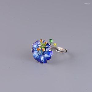 Anillos de racimo Anillo azul quemado Mujer S925 Plata de ley Estilo chino vintage Floración Moda rica Temperamento Abierto Cloisonne Libélula