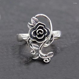 Cluster anneaux Buyee 925 argent sterling grand anneau de fleur de fleur sculpture rose gris ouvert pour la femme et le cercle des bijoux ethniques de la mode