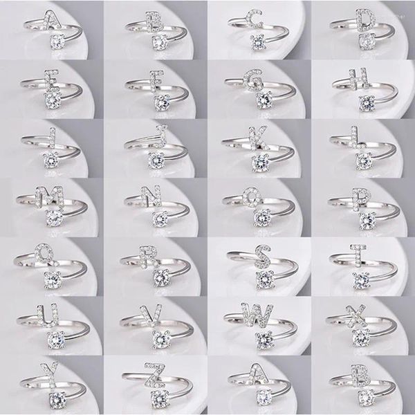 Anillos de racimo Buyee 925 plata esterlina lindo anillo dedo luz blanco circón A a Z letra cricle para mujer niña excelente joyería de fiesta