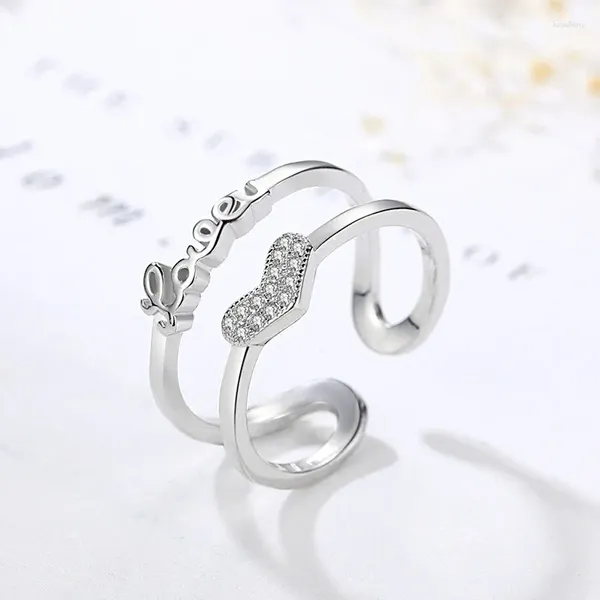 Bagues de cluster Buyee 925 Sterling Silver Heart Bague Finger Light Blanc Zircon Ouvert Pour Femmes Fille Mode Excellent Bijoux Cercle