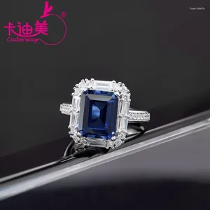 Cluster Anneaux Cadermay Solid 925 Sterling Silver Blue Sapphire Gemstone Engagement Ring Rectangle 10x12mm Fashion Bridal Maridal Band
