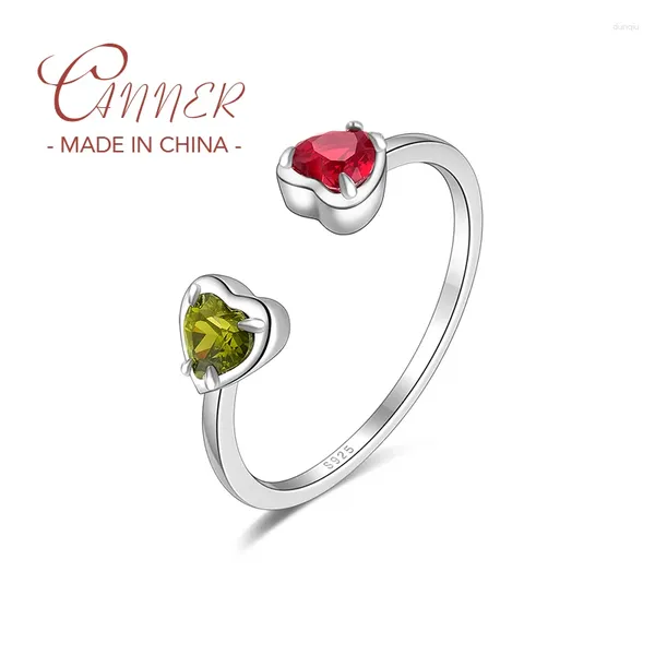 Anillos de racimo CANNER 925 Plata esterlina Doble Amor Corazón Zircon Anillo ajustable para mujeres Joyería de dedo de boda Bague Anillos Regalo