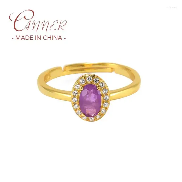 Bagues de cluster Canner 925 Sterling Silver Romantique Purple Tourmaline Bague d'ouverture pour femmes Filles Réglable Bijoux Bague Bandes de mariage