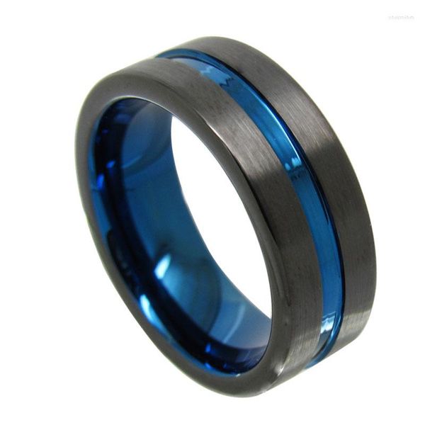 Anillos de racimo informales de 8mm de ancho, banda de boda de tungsteno negro con ranura azul fina para hombres, ajuste cómodo de alto pulido personalizado