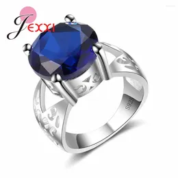 Cluster anneaux charme 925 Sterling Silver Blue Blue Autrichien Crystal Wedding Party for Female Accessory Gift Band Anel Bague Bijoux