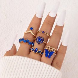 Cluster anneaux Charme Crystal Stone Love Butterfly Flower Rejamor Ring Set For Women Geometry Alloy Water Droplet Couronne 6 / Piece