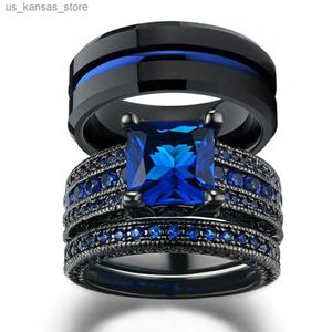 Cluster ringen charmant stel ring romantisch blauwe strass dames ring set mode heren roestvrijstalen ring mode sieraden cadeau voor liefhebbers240408