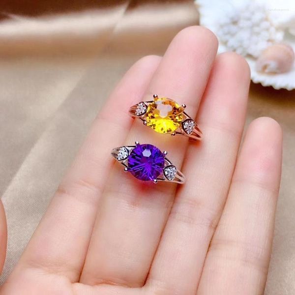 Cluster Rings Charme Violet Améthyste / Jaune Citrine Anneau Pour Les Femmes Bijoux Réel 925 Argent Bonne Couleur Ronde Pierre Naturelle Cadeau D'anniversaire