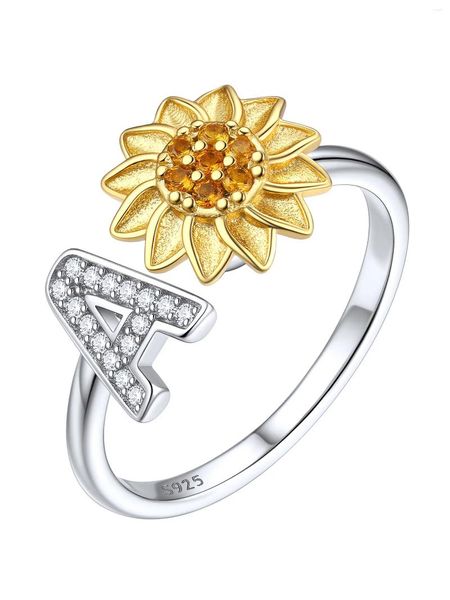 Anillos de racimo chicsilver 925 plata esterlina girasol letra inicial anillo abierto brazalete para mujeres liberación de ansiedad spinner cz personalizado