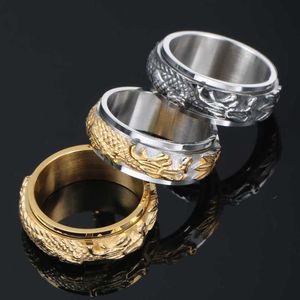 Cluster Rings Chinese Dragon Man Finger Ring Never Fade Gold Plated 316L Acier Inoxydable Rotatif Anneaux Pour Hommes Party Bijoux Accessoires G230228