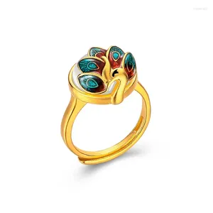 Cluster anneaux chinois Style 18k Pure Gold Color Peacock Premium White Jade Ring pour les femmes Real Dubai Sand