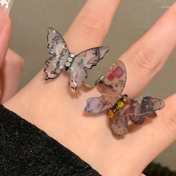 Anillos de racimo Estilo chino Acrílico Mariposa grande Mujeres Niñas Vintage Tinta retro Zircon Anillo de dedo Temperamento Joyería de moda Regalos