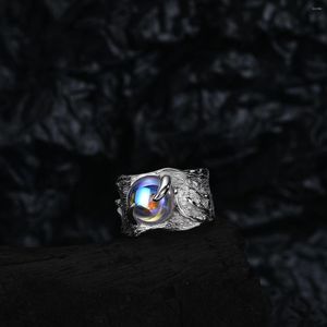 Bagues de grappe CHOZON 2023 Niche européenne en argent sterling 925 Version large Bague à texture irrégulière Femme Couleur ouverte Pierre de lune Index Doigt