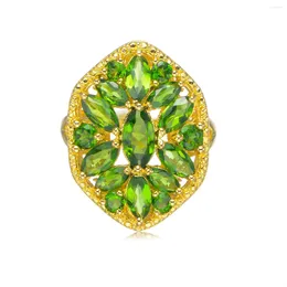 Bagues de cluster Chrome Diopside 18 carats en or jaune sur bague en argent sterling amour gros couples bijoux art déco humeur