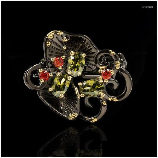 Anneaux de cluster Cizeva Noble Fleur élégante Black Gold Mariage Rétro Relief Orc Inlay Zircon Cocktail Drop Livraison Dhmla