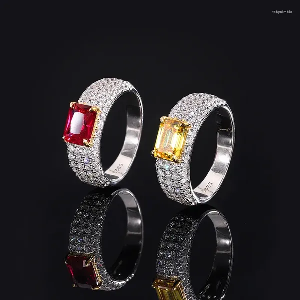 Anillos de racimo Clásico 6 8 mm Rubí Amarillo Alto Carbono Anillo de fila de diamantes para mujeres S925 Plata esterlina Joyería de lujo Regalo de aniversario