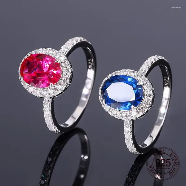 Branches de cluster Classic 7x9 mm Forme ovale Rouge Ruby Blue Sapphire Cubic Zircon 925 Anneau en argent sterling pour femmes