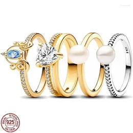 Cluster anneaux classiques 925 argent sterling argent brillant en forme de coeur en forme de coeur rigole perle exquise luxe charme féminine bijoux de vacances cadeau de vacances