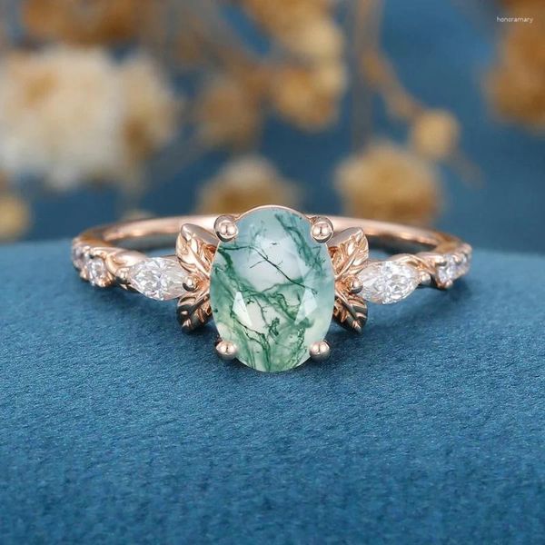 Anillos de racimo Classic 925 STERLING SIGRE NATURAL MOSS GRANDE AGATE ANILLO MARQUISE CUT CUCTON para mujeres Joyería de regalo de aniversario