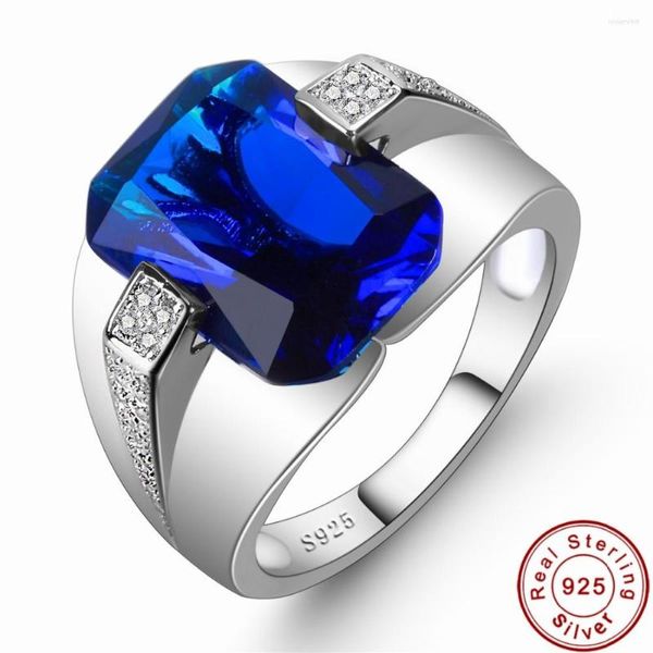 Cluster Anneaux Classique 925 Streling Argent Carré Bleu Saphir Eternal Cocktail Bague De Mariage Pour Hommes Femmes Naturel Bijoux Garçons