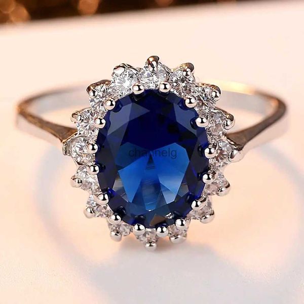 Anneaux de cluster Classique bleu rouge Zircon anneaux princesse Diana William Kate anneaux pour femmes ovale pierre anneaux de mariage fiançailles bijoux de mode YQ240109